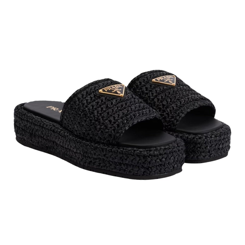 Prada logo-plaque crochet sandals 'Black' - DUBAI ALL STAR