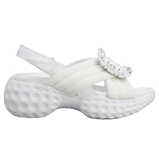 Roger Vivier Viv' Run Light Strass Buckle Sandals in Fabric 'White' - DUBAI ALL STAR