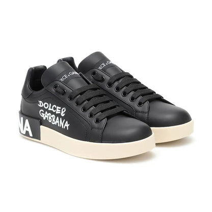 DOLCE & GABBANA Logo Print Leather Lace-up Trainers In Black - DUBAI ALL STAR