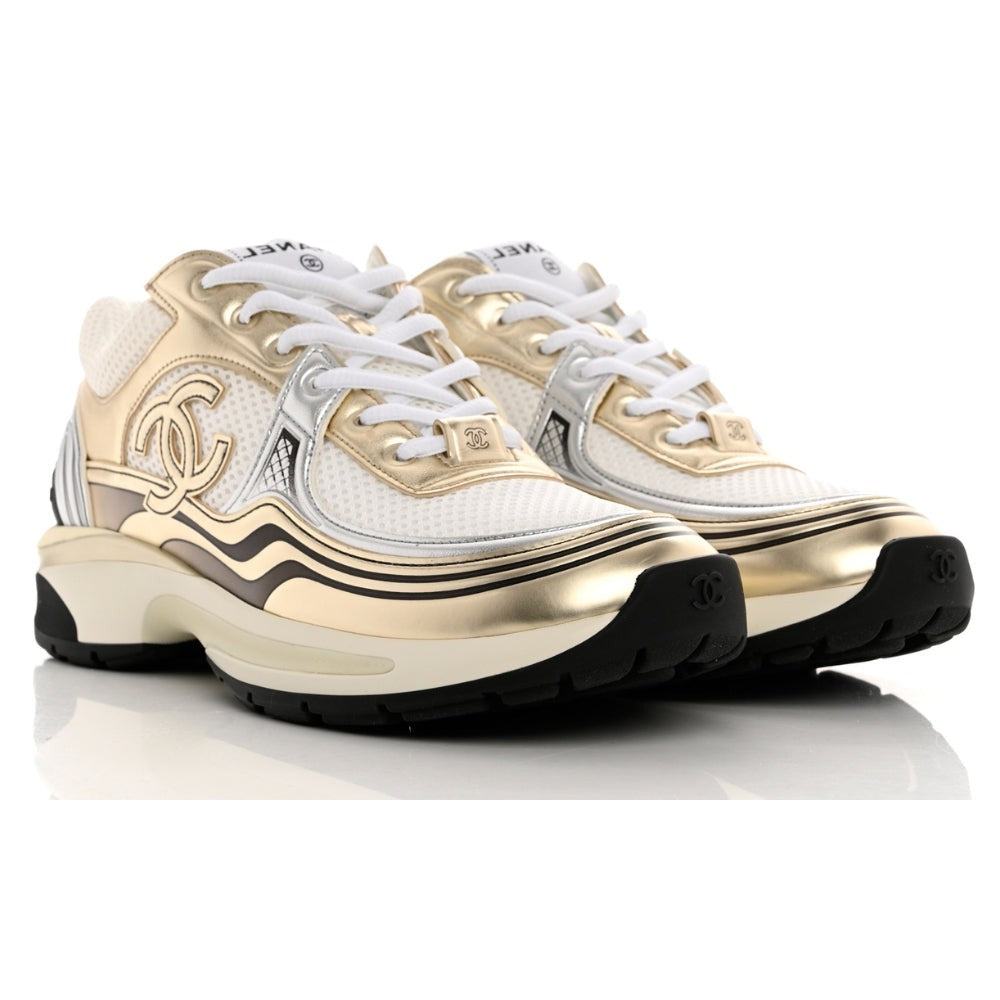 Chanel Fabric & Laminated White, Gold & Silver Low Top Sneakers - DUBAI ALL STAR