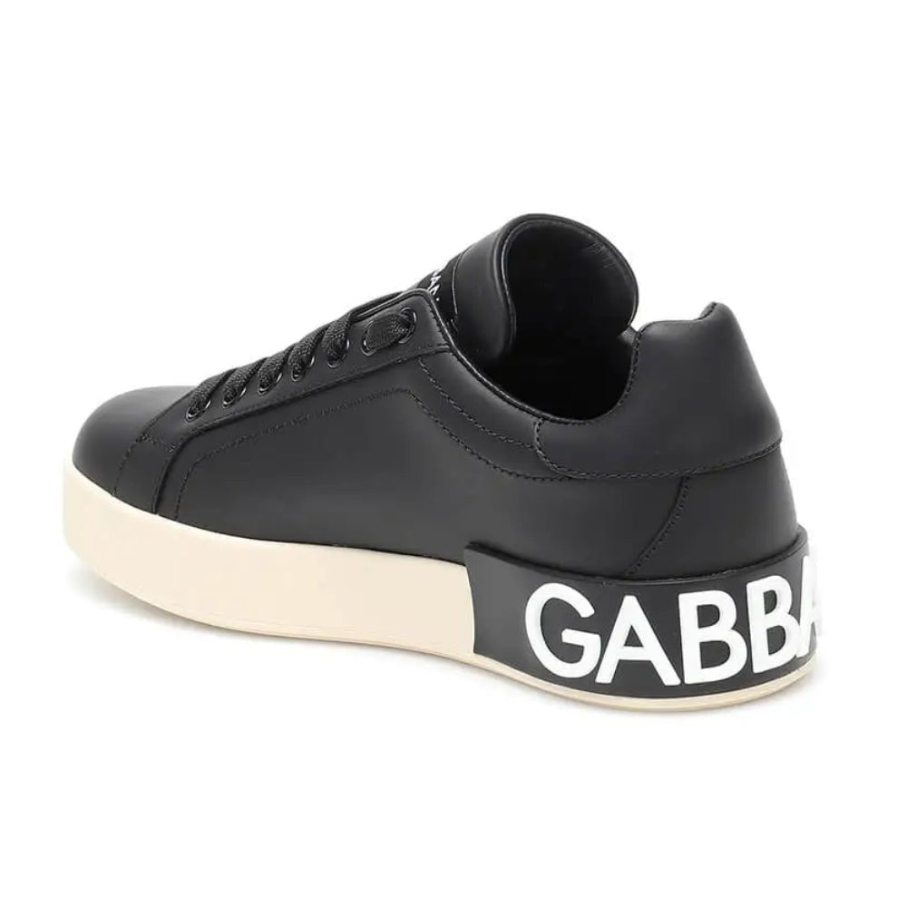 DOLCE & GABBANA Logo Print Leather Lace-up Trainers In Black - DUBAI ALL STAR