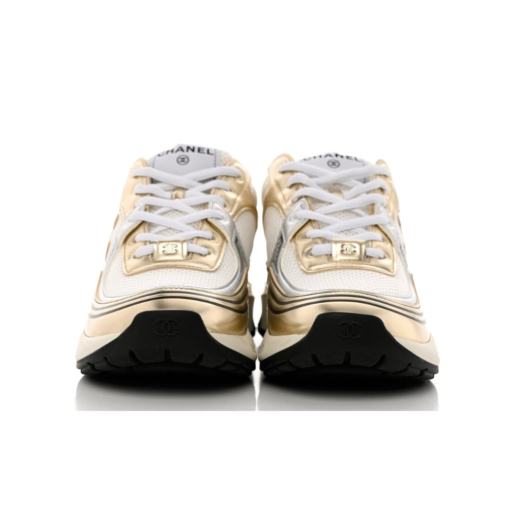 Chanel Fabric & Laminated White, Gold & Silver Low Top Sneakers - DUBAI ALL STAR