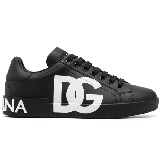 DOLCE & GABBANA Logo Print Leather Lace-up Trainers In Black - DUBAI ALL STAR