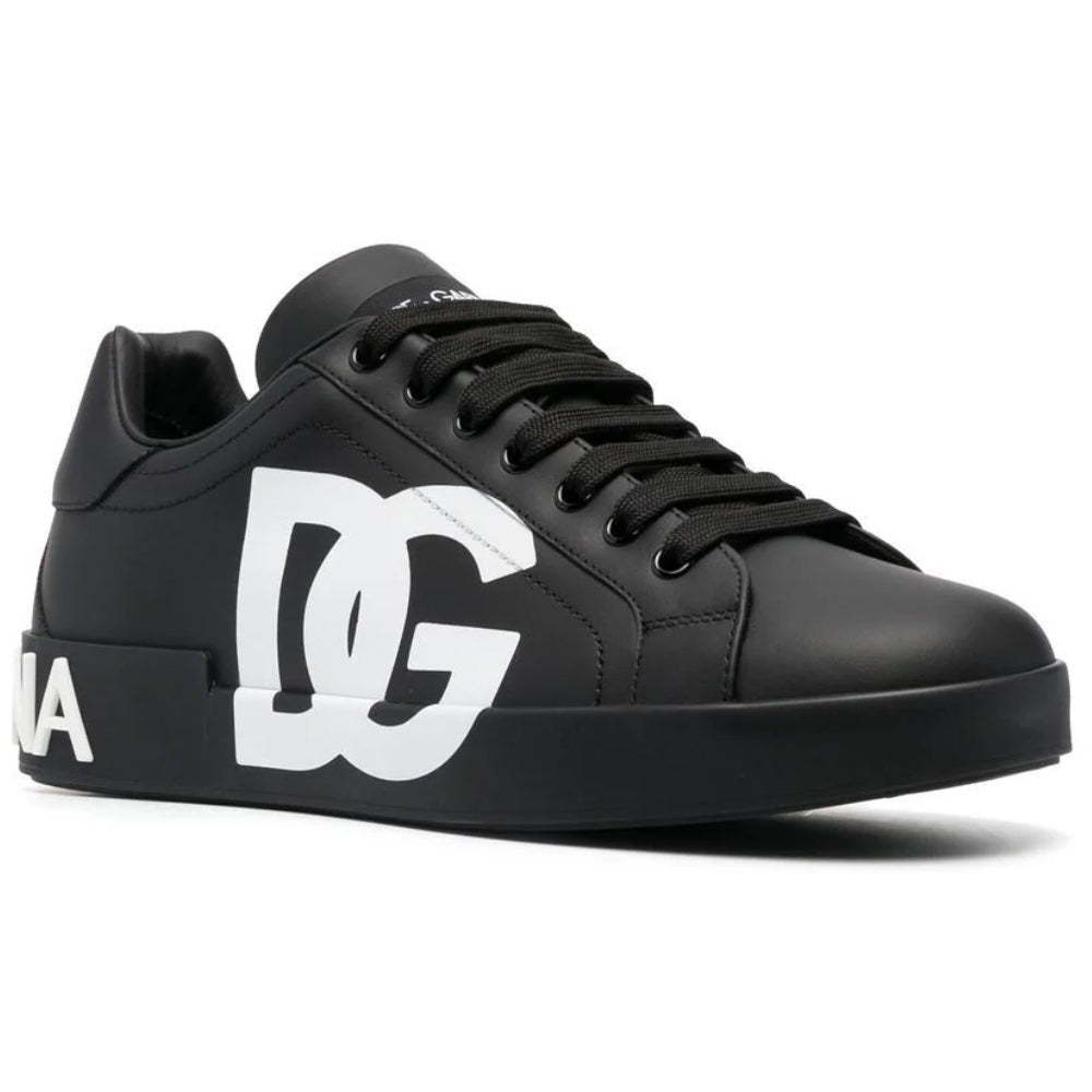 DOLCE & GABBANA Logo Print Leather Lace-up Trainers In Black - DUBAI ALL STAR