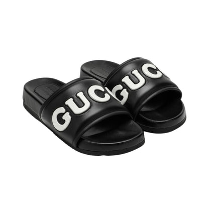 Gucci Black Leather Slide With Logo - DUBAI ALL STAR