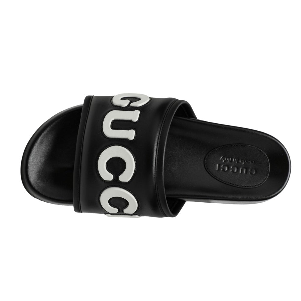 Gucci Black Leather Slide With Logo - DUBAI ALL STAR