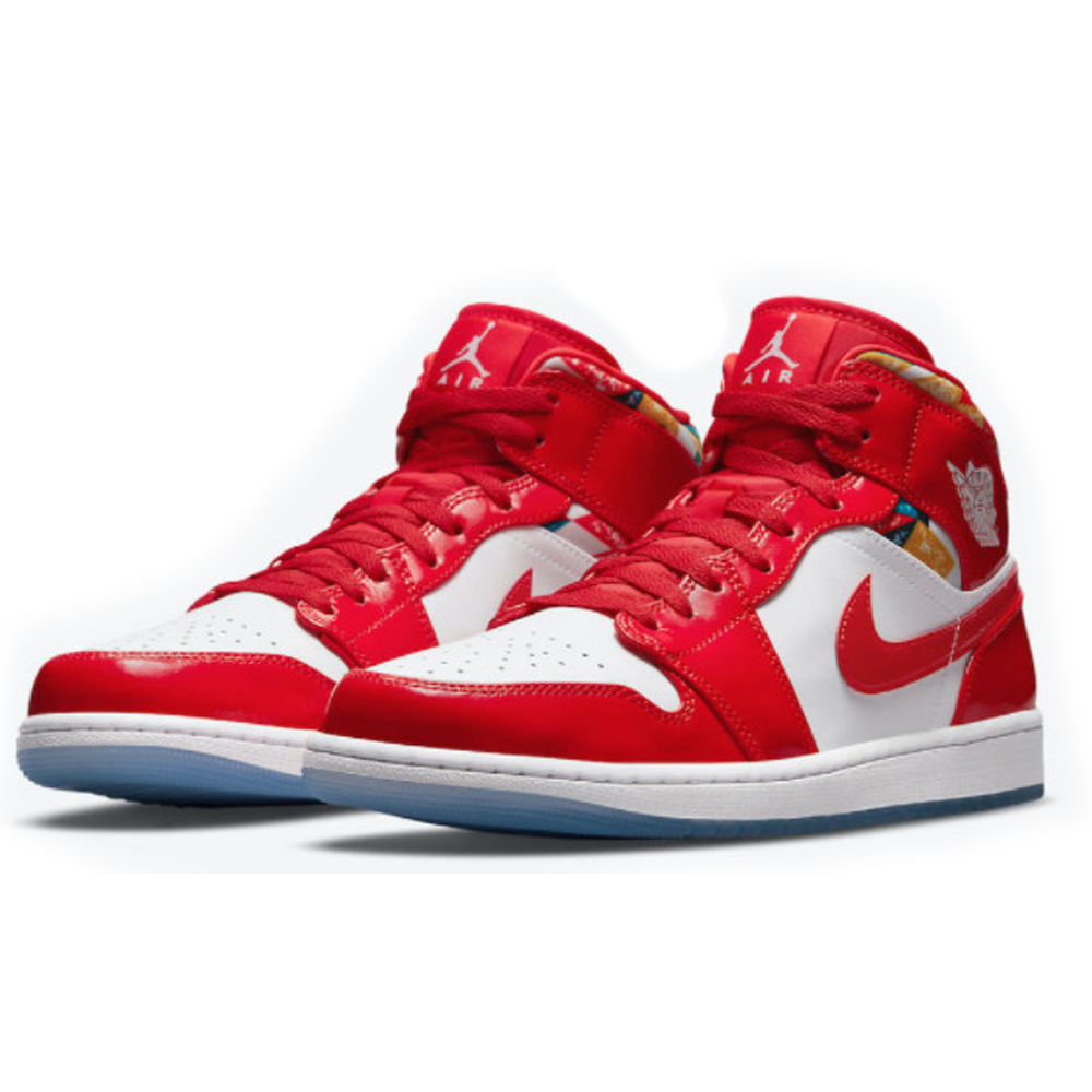 Air Jordan 1 Mid Red Patent White Blue Shoes - DUBAI ALL STAR